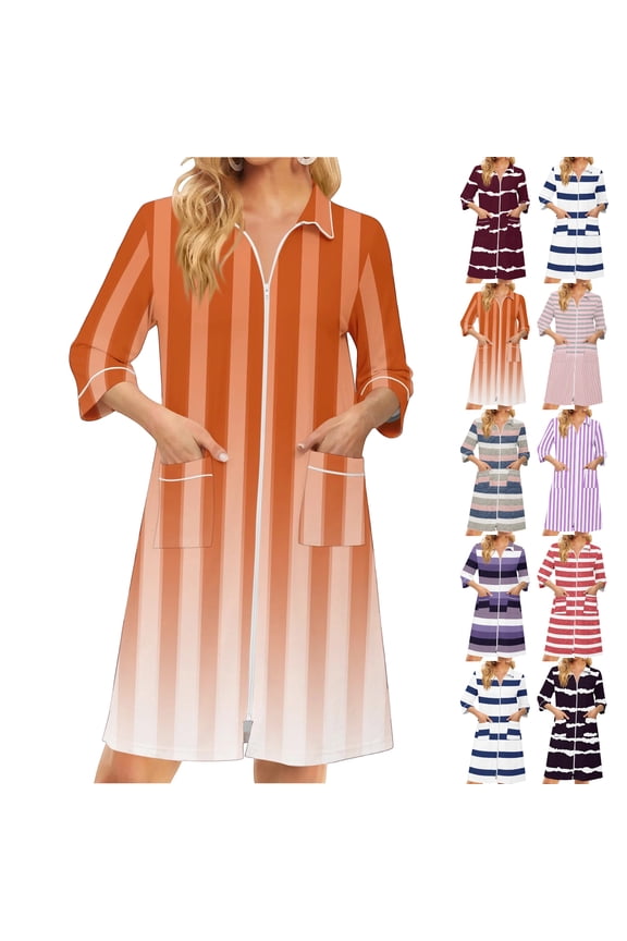 Zipper Robes for Women Lightweight Loose Fit Bathrobes for Women Zip Up Front 3/4 Length Sleeve Knee Length Striped Fashion Bathrobe Nightgown with Pockets Orange XXL
