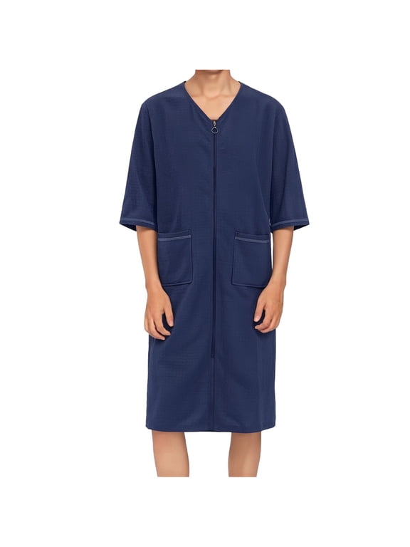 Zipper Robes for Men Quick Dry Bathrobes Short Sleeve Housecoat Lightweight Knee Length Loungewear with Pockets