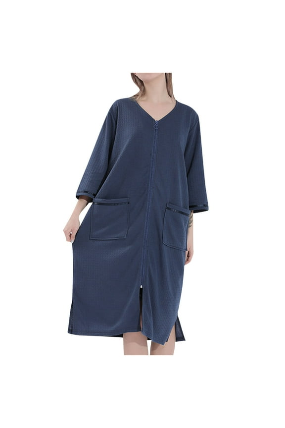 Zipper Robes for Women 3/4 Sleeves Lightweight Waffle House Coat Zip Up Long Bathrobe Soft Nightgown with Pockets