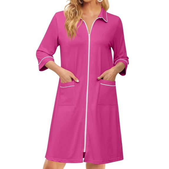 Zipper Robes for Women Lightweight Loose Fit Womens Bathrobe Zipper Front 3/4 Sleeve Knee Length Casual Sleepwear Nightgown with Pockets Hot Pink M
