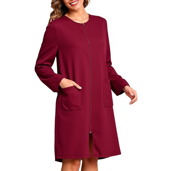 Zipper Robes for Women Loungewear Nightgowns Long Sleeve Knee Length Housecoat with Pockets Wine M