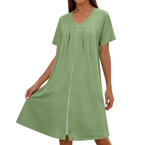 Zipper Robes for Women Short Knit Bathrobes Lightweight Knee Length Solid Color Housecoat with Pockets Nightgown Green