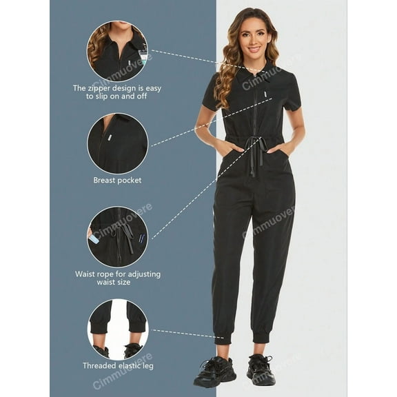 Zipper Short Sleeve Drawstring Casual Simple Nursing Jumpsuit