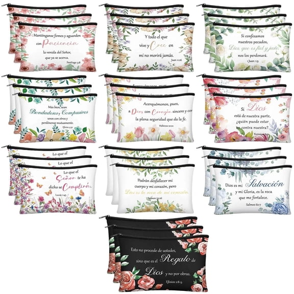Zipper Storage Bag Religious Bible Verse Theme With Bright Flower Patterns Makeup Organizer Box Set of 10 Pieces Polyester Cosmetic Bag Washable for Women Daily Storage 9.06 x 6.69 Inches