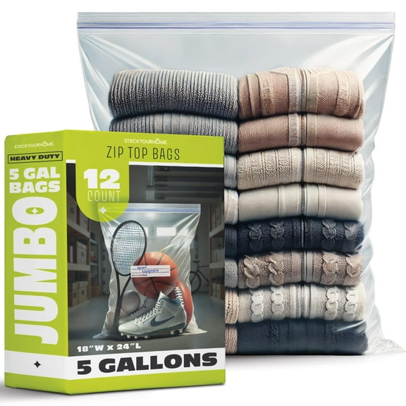 Zipper Storage Bags, (Pack of 12) 5 Gallon Resealable Food Storage Bag, Extra Large Zip Top Bags, Great Storage for Food, Clothing, Office Supplies & Travel Essential, 2 Mil Thick, Size 18"x 24"