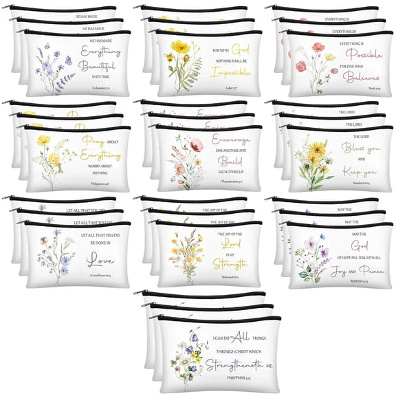 Zipper Storage Bags for Women - 10 Pack Polyester Makeup Organizer with Biblical Verse and Floral Designs, Toiletry Pouch 9.06x6.69 Inches for Cosmetics, Lipsticks, Eyebrow Pencils and Travel