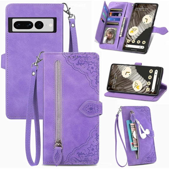 Zipper Storage Design Wallet Case for Google Pixel 7 Pro, Skin Friendly Feel Leather Case with Magnetic Clasp and Muliti-Card Slots Holster for Google Pixel 7 Pro,SZY Purple