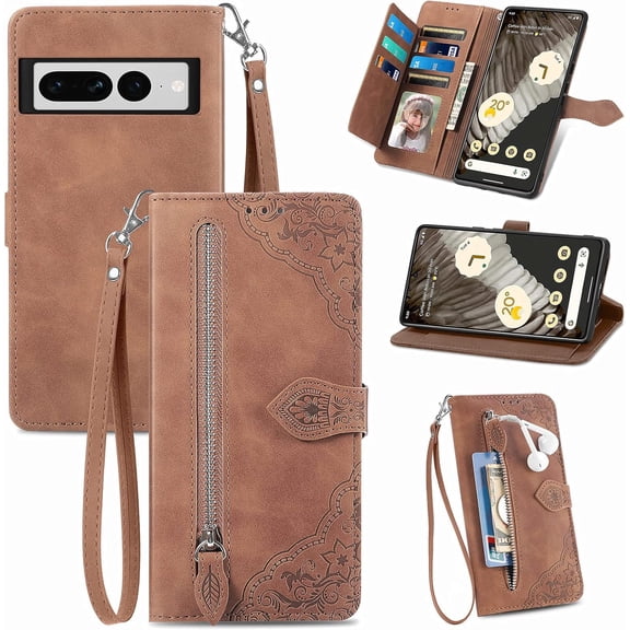 Zipper Storage Design Wallet Case for Google Pixel 7 Pro, Skin Friendly Feel Leather Case with Magnetic Clasp and Muliti-Card Slots Holster for Google Pixel 7 Pro,SZY Brown