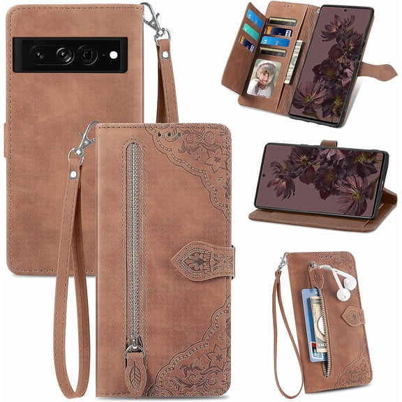 Zipper Storage Design Wallet Case for Google Pixel 7, Skin Friendly Feel Leather Case with Magnetic Clasp and Muliti-Card Slots Holster for Google Pixel 7,SZY Brown