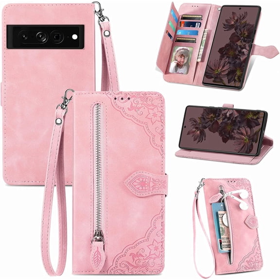Zipper Storage Design Wallet Case for Google Pixel 7, Skin Friendly Feel Leather Case with Magnetic Clasp and Muliti-Card Slots Holster for Google Pixel 7,SZY Pink