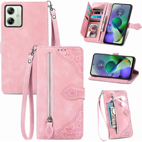 Zipper Storage Design Wallet Case for Motorola G54 5G,Skin Friendly Feel PU Leather Case, Magnetic Clasp and Muliti-Card Slots Phone Holster for Moto G54 5G,SZY Pink
