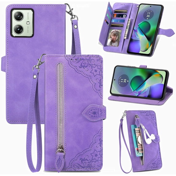 Zipper Storage Design Wallet Case for Motorola G54 5G,Skin Friendly Feel PU Leather Case, Magnetic Clasp and Muliti-Card Slots Phone Holster for Moto G54 5G,SZY Purple