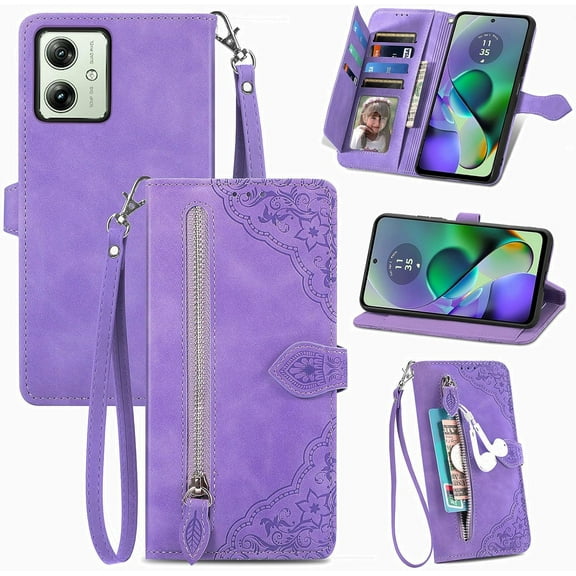 Zipper Storage Design Wallet Case for Motorola G54 5G,Skin Friendly Feel PU Leather Case, Magnetic Clasp and Muliti-Card Slots Phone Holster for Moto G54 5G,SZY Purple