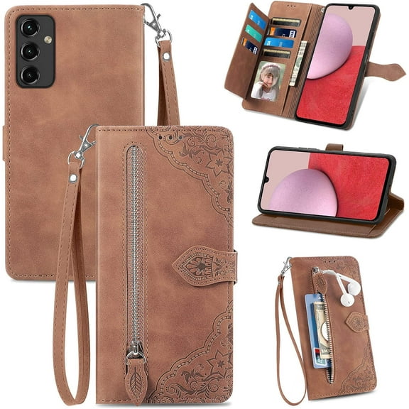 Zipper Storage Design Wallet Case for Samsung Galaxy A14, Skin Friendly Feel Leather Case with Magnetic Clasp and Muliti-Card Slots Holster for Samsung Galaxy A14 5G/4G,SZY Brown