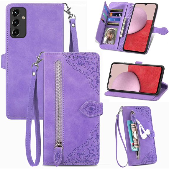 Zipper Storage Design Wallet Case for Samsung Galaxy A14, Skin Friendly Feel Leather Case with Magnetic Clasp and Muliti-Card Slots Holster for Samsung Galaxy A14 5G/4G,SZY Purple