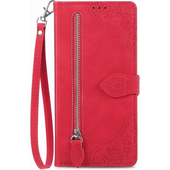 Zipper Storage Design Wallet Case for Samsung Galaxy A22 4G (Not 5G), Skin Friendly Feel Leather Case with Magnetic Clasp and Muliti-Card Slots Holster for Samsung Galaxy A22 4G,SZY Red