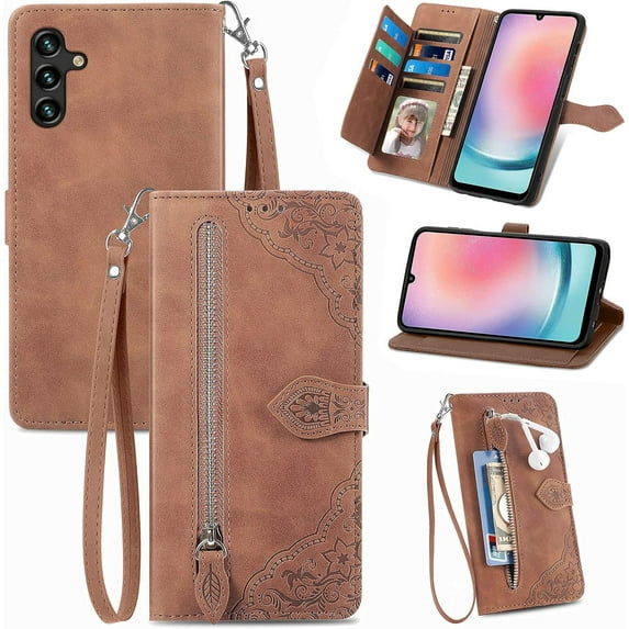 Zipper Storage Design Wallet Case for Samsung Galaxy A24 4G, Skin Friendly Feel Leather Case with Magnetic Clasp and Muliti-Card Slots Holster for Samsung Galaxy A24 4G,SZY Brown