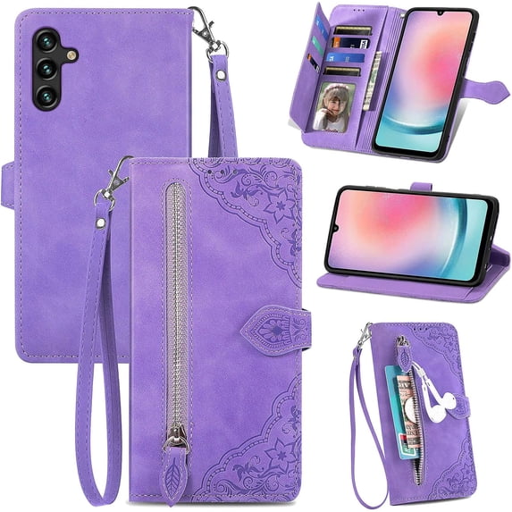 Zipper Storage Design Wallet Case for Samsung Galaxy A24 4G, Skin Friendly Feel Leather Case with Magnetic Clasp and Muliti-Card Slots Holster for Samsung Galaxy A24 4G,SZY Purple