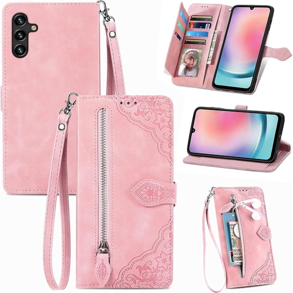 Zipper Storage Design Wallet Case for Samsung Galaxy A24 4G, Skin Friendly Feel Leather Case with Magnetic Clasp and Muliti-Card Slots Holster for Samsung Galaxy A24 4G,SZY Pink