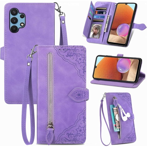 Zipper Storage Design Wallet Case for Samsung Galaxy A32 4G (Not 5G), Skin Friendly Feel Leather Case with Magnetic Clasp and Muliti-Card Slots Holster for Samsung Galaxy A32 4G,SZY Purple