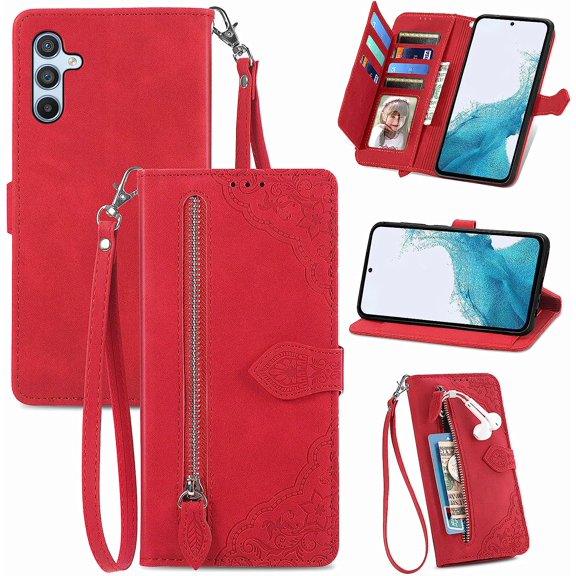 Zipper Storage Design Wallet Case for Samsung Galaxy A54 5G (Not 4G), Skin Friendly Feel Leather Case with Magnetic Clasp and Muliti-Card Slots Holster for Samsung Galaxy A54 5G,SZY Brown