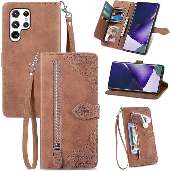 Zipper Storage Design Wallet Case for Samsung Galaxy S23 Ultra, Skin Friendly Feel Leather Case with Magnetic Clasp and Muliti-Card Slots Holster for Galaxy S23 Ultra,SZY Brown