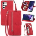 thumbnail image 1 of Zipper Storage Design Wallet Case for Samsung Galaxy S23 Ultra, Skin Friendly Feel Leather Case with Magnetic Clasp and Muliti-Card Slots Holster for Galaxy S23 Ultra,SZY Red, 1 of 18
