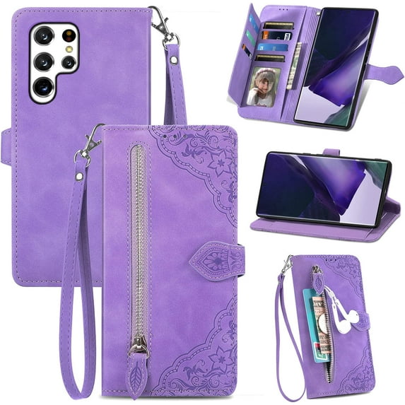 Zipper Storage Design Wallet Case for Samsung Galaxy S23 Ultra, Skin Friendly Feel Leather Case with Magnetic Clasp and Muliti-Card Slots Holster for Galaxy S23 Ultra,SZY Purple