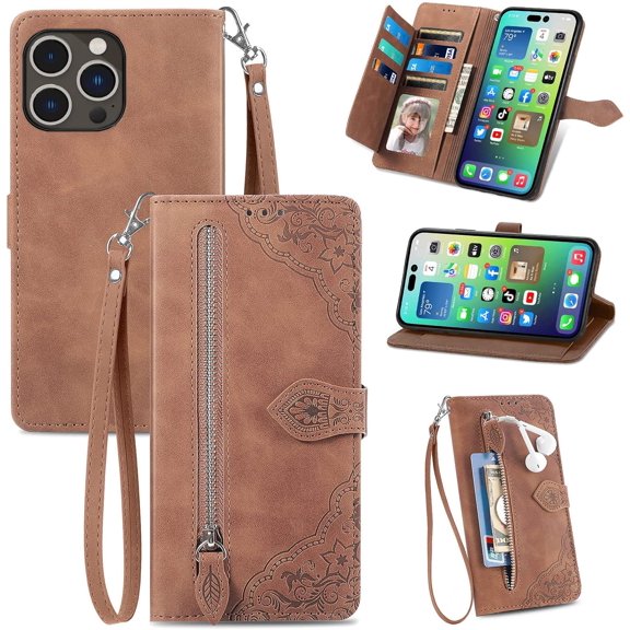 Zipper Storage Design Wallet Case for iPhone 14 Pro (Not Pro Max), Skin Friendly Feel Leather Case with Magnetic Clasp and Muliti-Card Slots Holster for iPhone 14 Pro (6.1),SZY Brown