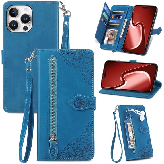 Zipper Storage Design Wallet Case for iPhone 16 Pro Max,Skin Friendly Feel PU Leather Case,Magnetic Clasp and Muliti-Card Slots Phone Holster for iPhone 16 Pro Max,SZY Blue