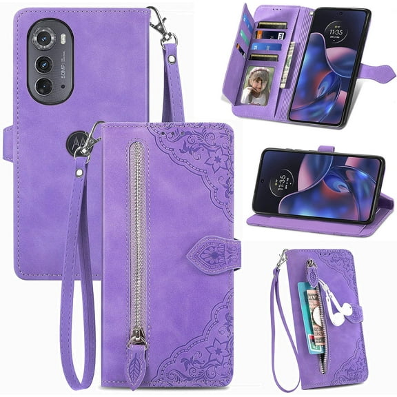 Zipper Storage Design Wallet Phone Case for Motorola Edge 2022, Skin Friendly Feel Leather Case with Magnetic Clasp and Muliti-Card Slots Holster for Moto Edge 2022,SZY Purple