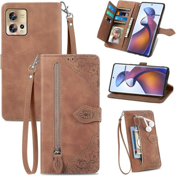 Zipper Storage Design Wallet Phone Case for Motorola Edge 30 Fusion, Skin Friendly Feel Leather Case with Magnetic Clasp and Muliti-Card Slots Holster for Moto Edge 30 Fusion,SZY Brown