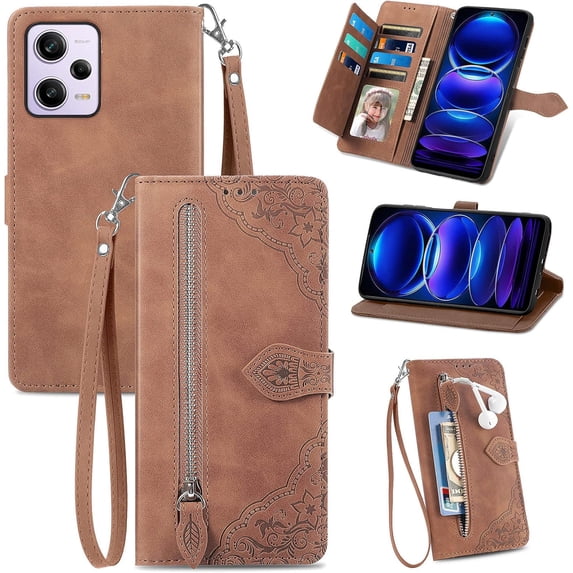 Zipper Storage Wallet Case for Redmi Note 12 Pro 5G, Case for Xiaomi Poco X5 Pro 5G,Skin Friendly Feel Leather Case with Muliti-Card Slots Holster for Poco X5 Pro/Note 12 Pro,SZY Brown