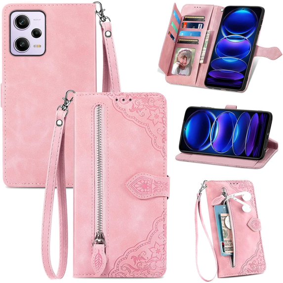 Zipper Storage Wallet Case for Redmi Note 12 Pro 5G, Case for Xiaomi Poco X5 Pro,Skin Friendly Feel Leather Case with Muliti-Card Slots Holster for Poco X5 Pro/Note 12 Pro,SZY Pink