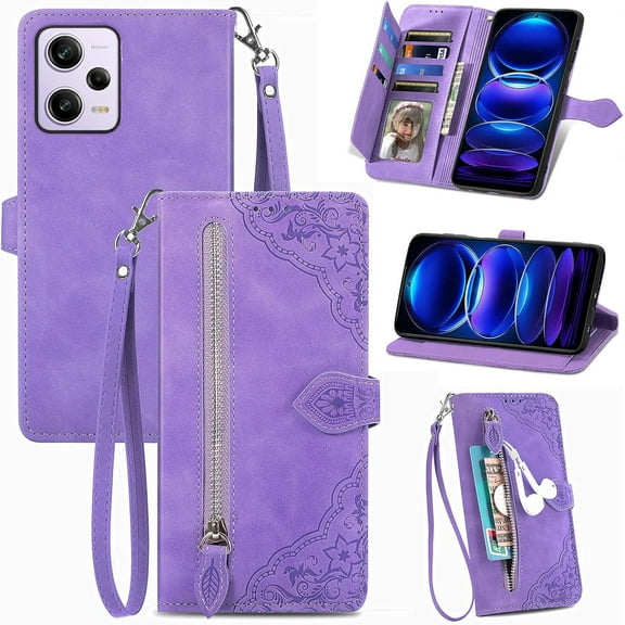 Zipper Storage Wallet Case for Redmi Note 12 Pro 5G, Case for Xiaomi Poco X5 Pro,Skin Friendly Feel Leather Case with Muliti-Card Slots Holster for Poco X5 Pro/Note 12 Pro,SZY Purple