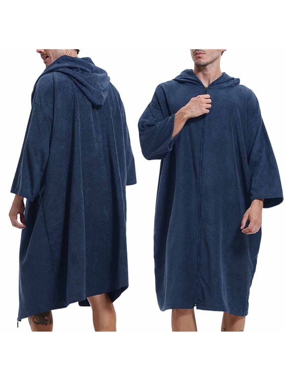 Zipper Surf Poncho Cotton Turkish Towel Beach Cover Up Changing Robe with Hood and Front Zipper Absorbent Wearable Towel Hooded Beach Towel for Men Navy