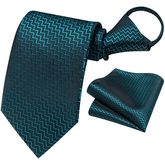 Zipper Tie Teal and Pocket Square Set Pre-tied Adjustable Silk Necktie Handkerchief for Wedding Business Easy Use