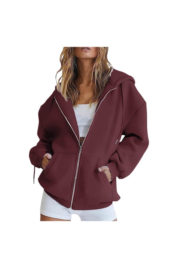 Zipper-Up Hoodies Sweatshirt for Women Oversized Fall Fashion Casual Early Spring Jackets Trendy Hooded Tops with Pockets