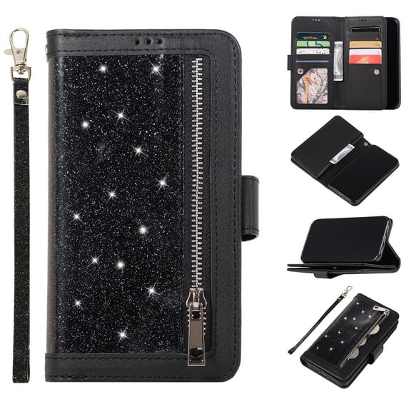 Zipper Wallet Case for Apple iPhone 11 6.1", Allytech Bling Glitter Leather Case with 9 Credit Card Holder Flip Magnetic Closure Stand Cover with Cash Pocket and Hand Strap, Black