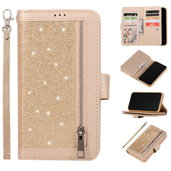 Zipper Wallet Case for Apple iPhone 11 Pro 5.8 Inch, Allytech Bling Glitter Leather Case with 9 Credit Card Holder Flip Magnetic Closure Stand Cover with Cash Pocket and Hand Strap, Gold