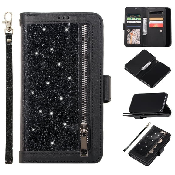 Zipper Wallet Case for Apple iPhone 11 Pro 5.8 Inch, Allytech Bling Glitter Leather Case with 9 Credit Card Holder Flip Magnetic Closure Stand Cover with Cash Pocket and Hand Strap, Black