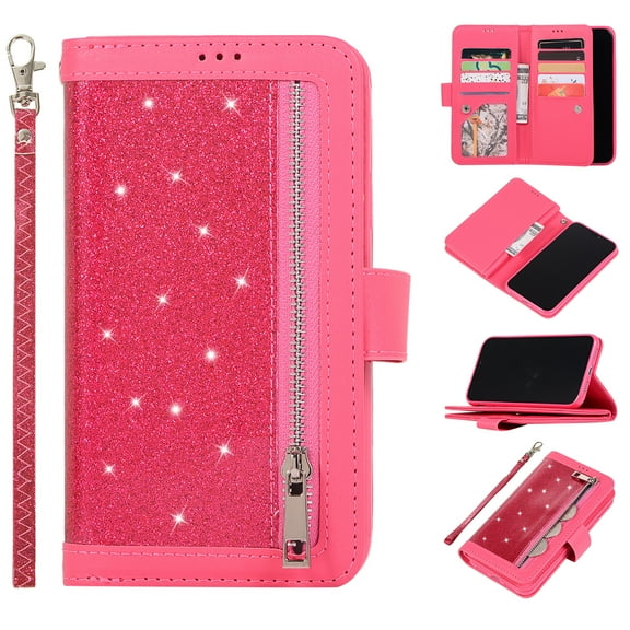Zipper Wallet Case for Apple iPhone 11 Pro Max 6.5", Allytech Bling Glitter Leather Case with 9 Credit Card Holder Flip Magnetic Closure Stand Cover with Cash Pocket and Hand Strap,Rose