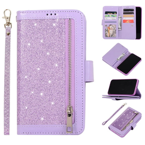 Zipper Wallet Case for Apple iPhone 11 Pro Max 6.5", Allytech Bling Glitter Leather Case with 9 Credit Card Holder Flip Magnetic Closure Stand Cover with Cash Pocket and Hand Strap,Purple