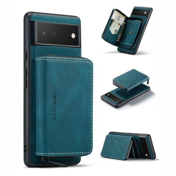 Zipper Wallet Case for Google Pixel 6 Pro, Soft Silicone Shockproof PU Leather Detachable Card Slots Holder Cash Pocket Slim Cover with Kickstand Magnetic Lens Protective Case,Blue