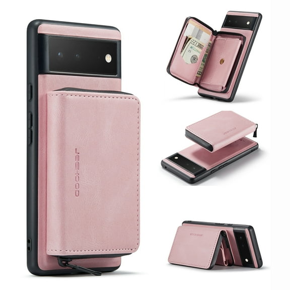 Zipper Wallet Case for Google Pixel 6, Soft Silicone Shockproof PU Leather Detachable Card Slots Holder Cash Pocket Slim Cover with Kickstand Magnetic Lens Protective Case,Pink