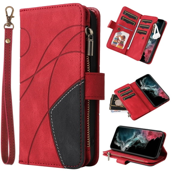 Zipper Wallet Case for Samsung Galaxy A03 Core Large Capacity Card Slots Holder Magnetic Cover, Luxury PU Leather Anti-Shock Flip Folio Case with Kickstand Wrist Strap Handbag Protective Case, Red