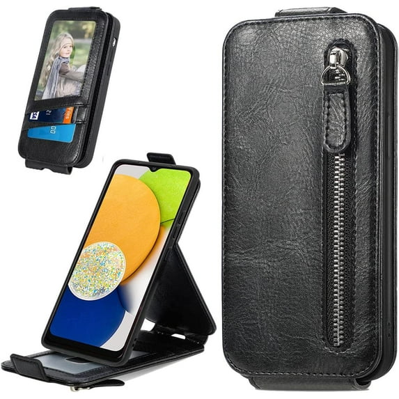 Zipper Wallet Case for Samsung Galaxy A03S with Card Holder Slot, PU Leather Adjustable Kickstand Flip Handbag Phone Cover for Samsung Galaxy A03S SDLL Black