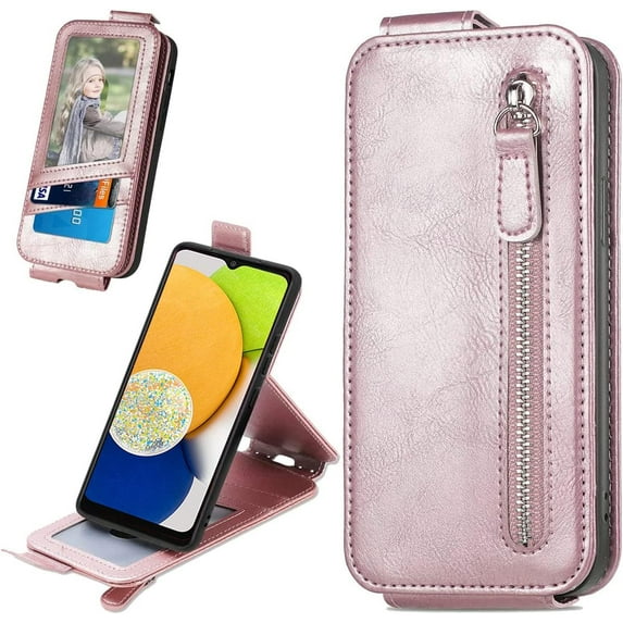 Zipper Wallet Case for Samsung Galaxy A03S with Card Holder Slot, PU Leather Adjustable Kickstand Flip Handbag Phone Cover for Samsung Galaxy A03S SDLL Rose Gold