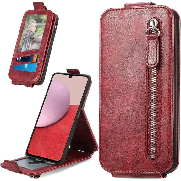 Zipper Wallet Case for Samsung Galaxy A14 5G with Card Holder Slot, PU Leather Adjustable Kickstand Flip Handbag Phone Cover for Samsung Galaxy A14 5G SDLL Red
