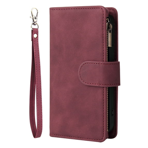 Zipper Wallet Case for Samsung Galaxy A14 5G with Large Capacity Card Slots Holder Flip Folio Cover, Premium PU Leather Magnetic Clasp Wrist Strap Kickstand Soft Silicone Shockproof Case,Winered